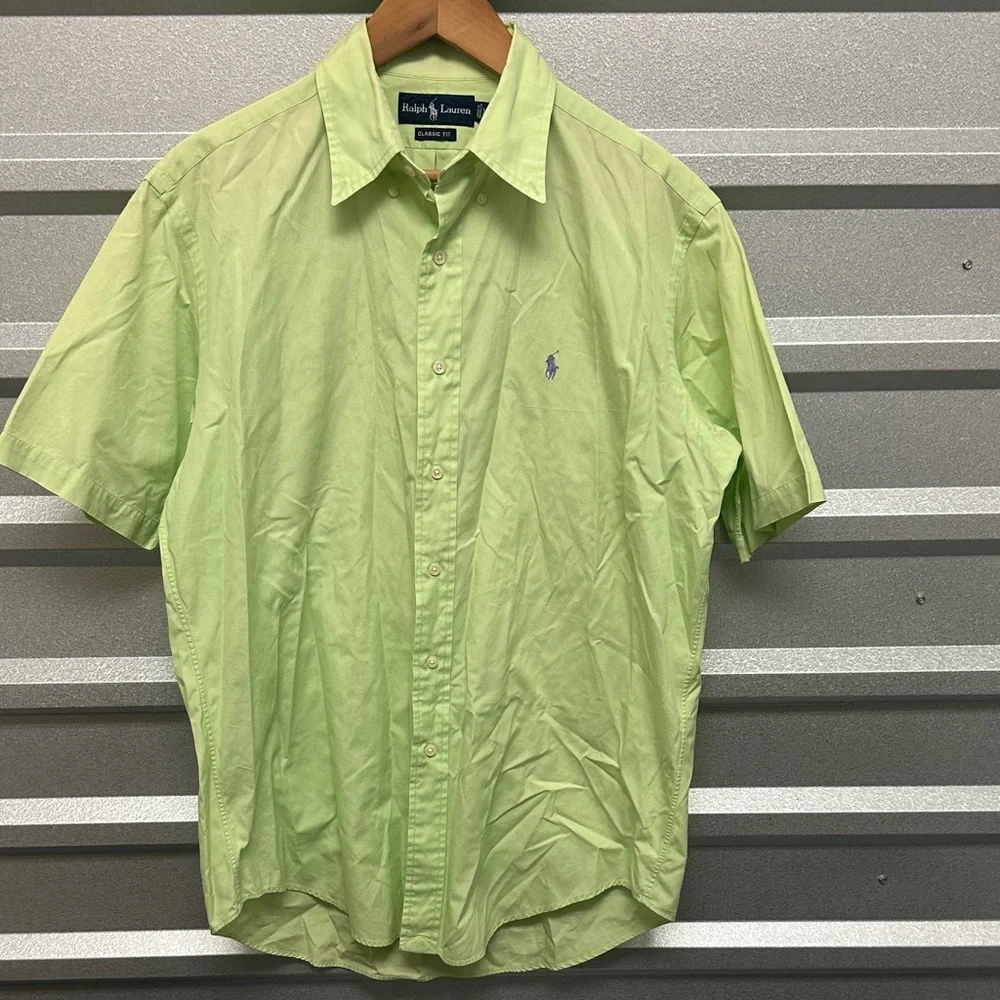 Ralph Lauren Men's Lime Green Button Up Shirt Sz Medium‎ Classic Fit Y2K Vintage